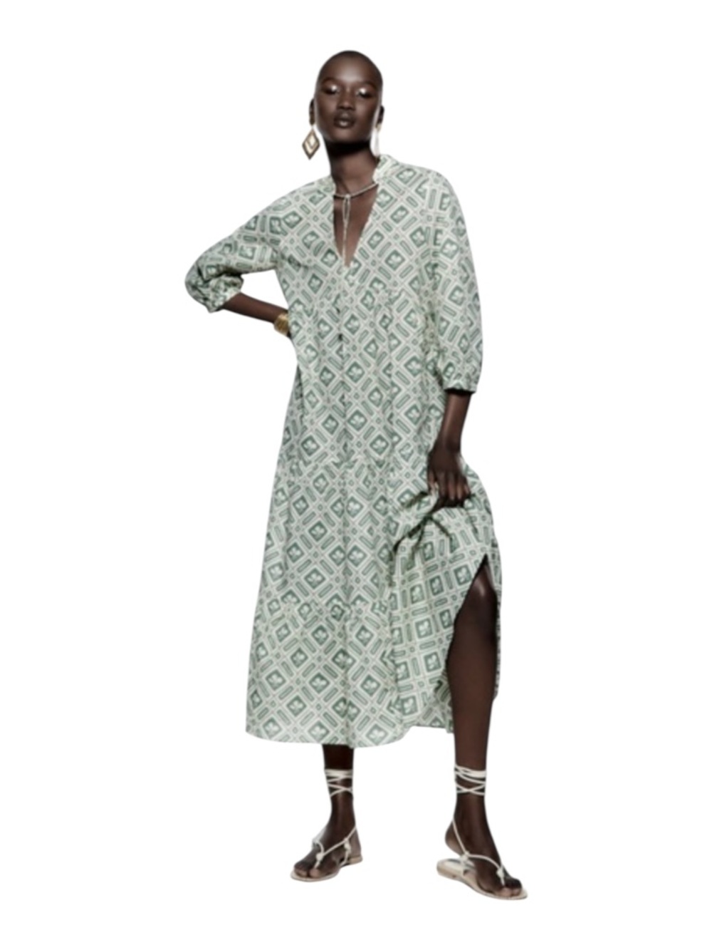 Zara Green Geometric Tiered Midi Dress Sz. S - Picture 8 of 11
